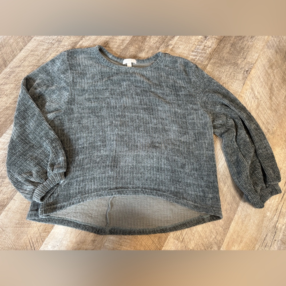 BKK Chance grey chenille sweater, longer back, gather cuff (see sleeve measure)